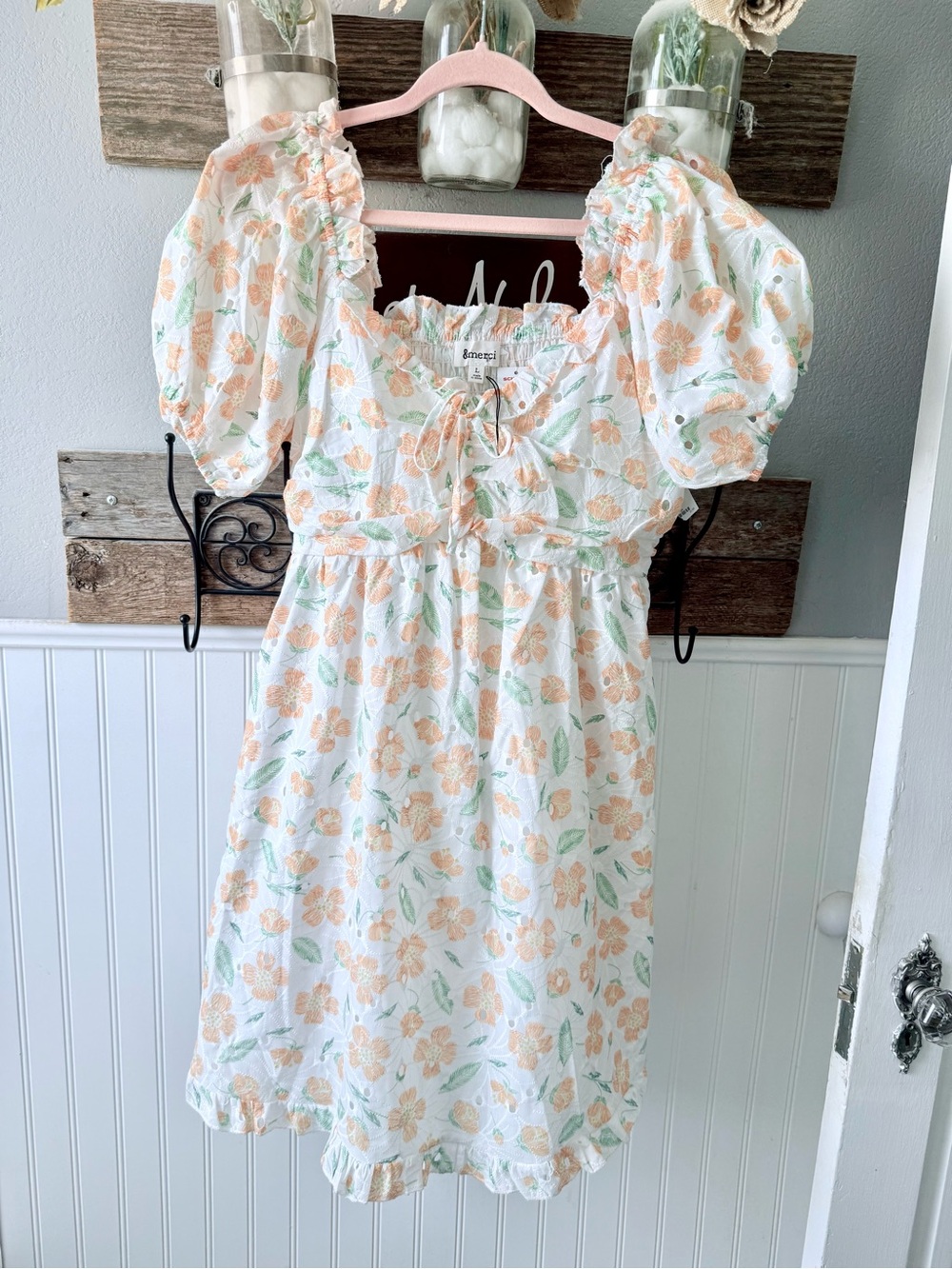 &merci Floral Smocked Dress in Peach and Green